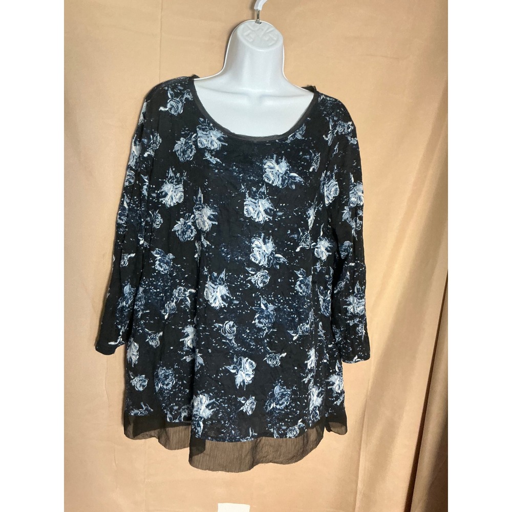 Simply Vera Vera Wang Floral Tunic Women XL Black Blue Excellent Mesh Trim Top